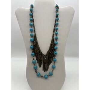 Boho Necklace Layering set blue dyed horn beads and layered chain bib necklace